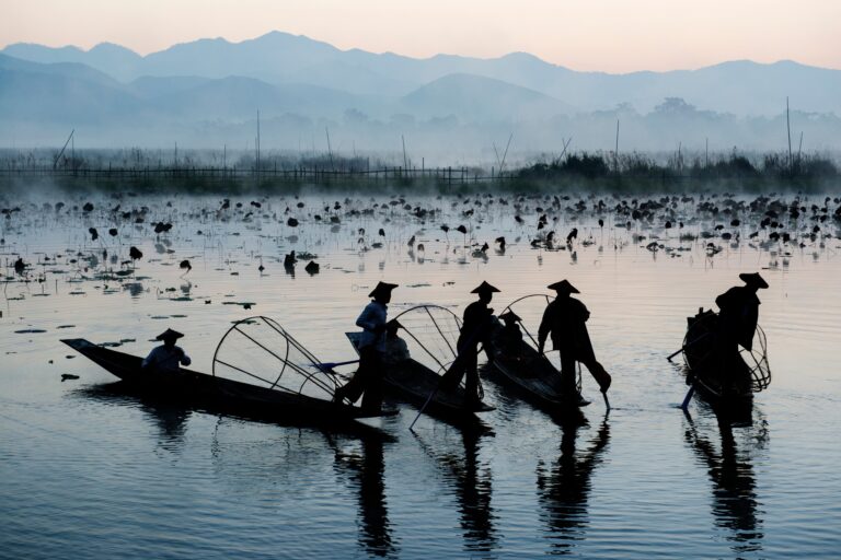 Fishermen fishing by traditional fishing techniques at dusk, Inle lake, Shan State, Myanmar
